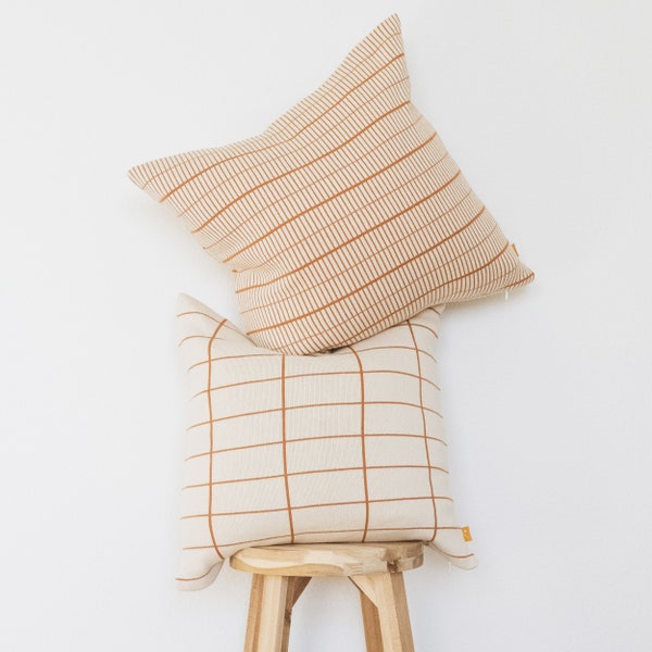Lumi Living Cotton Knitted Grid Pillow Cover: Modern Burnt Orange Beige (18x18)