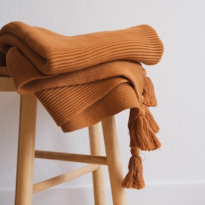 Lumi Living 100% Soft Cotton Textured Raised Stripes Rib Knit Throw Blanket with Tassels Burnt Orange