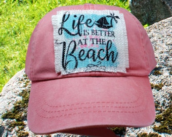 Life is better at the Beach, womans decorated patch baseball cap, Cute summer baseball cap, Girls baseball hat, Summer wear