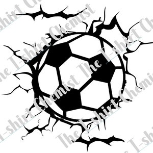 May include: A black and white graphic design featuring a soccer ball appearing to burst through a cracked surface. The design includes the repeating watermark text The T-shirt Chemist overlaid across the image in a light blue color.