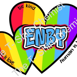 May include: A graphic design featuring two overlapping hearts with vertical rainbow stripes. The left heart displays the text 'love is love', the top heart says 'be kind', and the right heart features the word 'ENBY' in blue block letters.