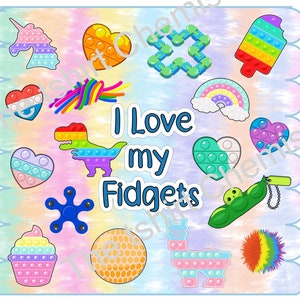 May include: A graphic design featuring the text I Love my Fidgets surrounded by various colorful silicone sensory toys including a unicorn, heart, popsicle, rainbow, dinosaur, cupcake, llama, and a pea pod on a pastel tie-dye background.