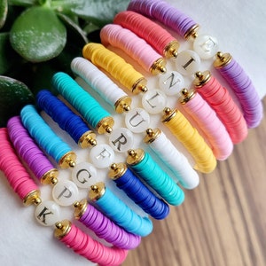 Heishi Bead Initial Bracelet: Mother-of-Pearl Letter, Gold Spacers