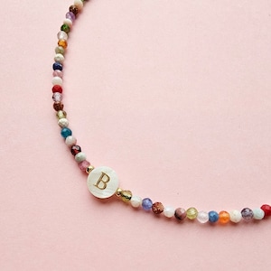 Personalized Initial Necklace: Tiny Mixed Gemstone, Mother-of-Pearl Bead