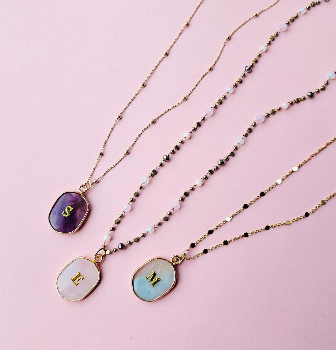 Initial Necklace With Natural Gemstone Multifaceted Bezel Charm
