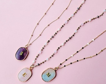 Gemstone Initial Necklace: 14K Gold Filled Bezel Charm, Personalized Pendant