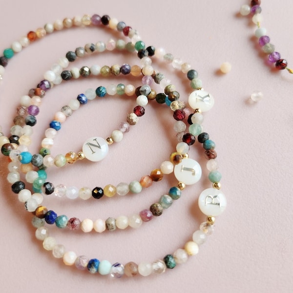 Personalized Initial Bracelet: 3mm Tiny Natural Gemstones, Mother-of-Pearl letter, Beaded Name Bracelet, Dainty Jewelry