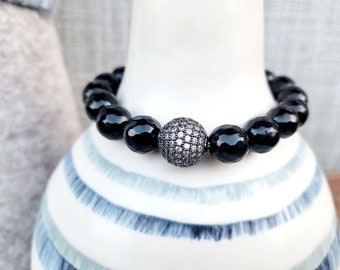 Black Onyx Gemstone Bead Bracelet with Black CZ Pave Ball, Gift for Her, Gift for Him, Gift for Mom, Mother's Day Gift