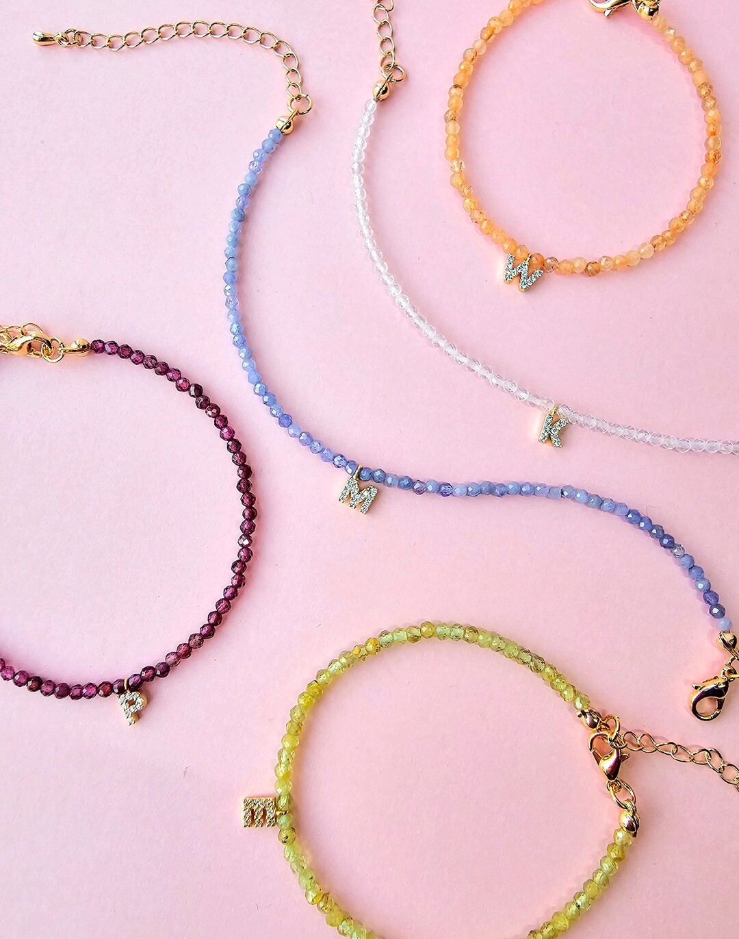 Dainty Initial Bracelet With Natural Birthstone Gemstone Beads, Personalized Jewelry, Birthstone