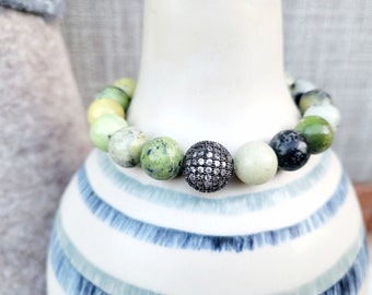 Chrysoprase Gemstone Bead Bracelet with Black CZ Pave Ball, Gift for Her, Gift for Him, Gift for Mom, Mother's Day Gift