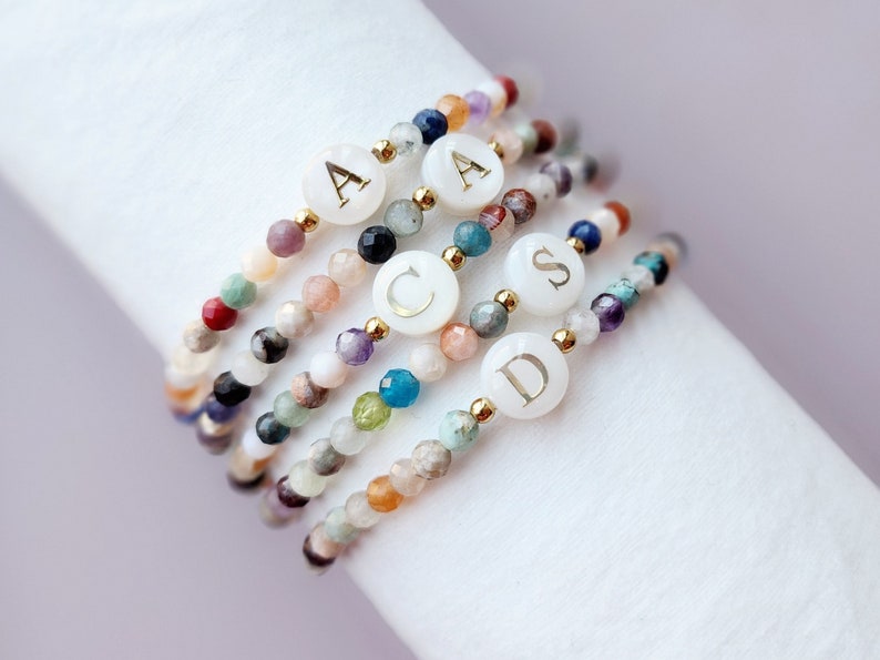 Initial Bracelet with Tiny Natural Mixed Gemstones, Dainty jewelry, Personalized Giftable Jewelry, Gift for Her, Birthday Gift, Holiday Gift image 3
