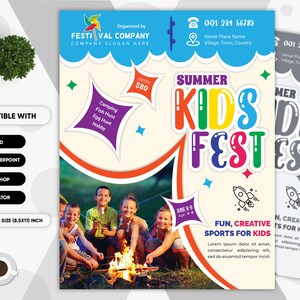 Kids Camp Summer Festival Flyer for Kids Creative & Fun. Compatible with Ms WORD, PowerPoint, PSD, Ai, EPS