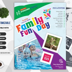 Family Fun Day. Kids Camp Summer Festival Flyer for Kids Creative & Fun. Ms WORD, PowerPoint, PSD, Ai, EPS