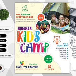 Kids Camp Summer Festival Flyer for Kids Creative & Fun. Compatible with Ms WORD, PowerPoint, PSD, Ai, EPS