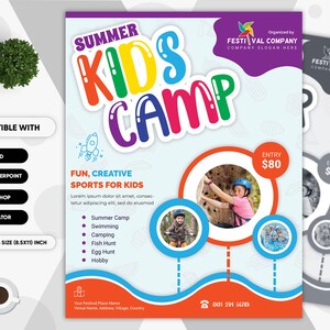 Kids Camp Summer Festival Flyer for Kids Creative & Fun. Compatible with Ms WORD, PowerPoint, PSD, Ai, EPS