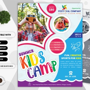 Kids Camp Summer Festival Flyer for Kids Creative & Fun. Compatible with Ms WORD, PowerPoint, PSD, Ai, EPS
