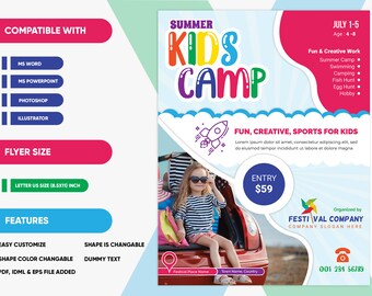 Kids Camp Summer Festival Flyer for Kids Creative & Fun. Compatible with WORD and PowerPoint