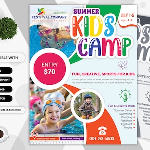 Kids Camp Summer Festival Flyer for Kids Creative & Fun. Compatible with Ms WORD, PowerPoint, PSD, Ai, EPS