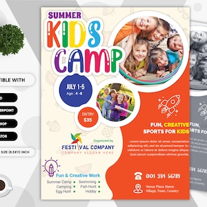 Kids Camp Summer Festival Flyer for Kids Creative & Fun. Compatible with Ms WORD, PowerPoint, PSD, Ai, EPS