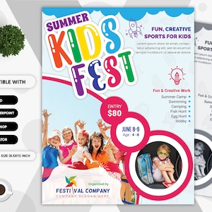 Kids Camp Summer Festival Flyer for Kids Creative & Fun. Compatible with Ms WORD, PowerPoint, PSD, Ai, EPS