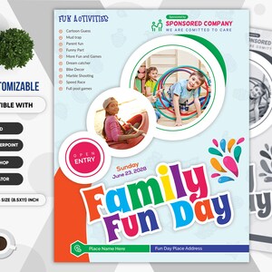 Family Fun Day. Kids Camp Summer Festival Flyer for Kids Creative & Fun. Ms WORD, PowerPoint, PSD, Ai, EPS