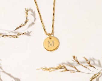 Personalized Initial Coin Necklace - Custom 14K Gold Letter with Tiny Rounded Coin for Anniversary, Wedding, Birthday Gift