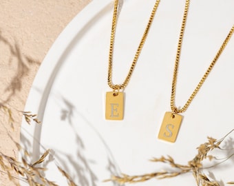 Personalized Initial Tag Necklace - Custom Engraved 14k Gold Letter Necklace Perfect Gift for Her