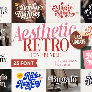 Aesthetic Retro Font Bundle, OTF, TTF, Font Retro Bundles, Fonts Vintage, Procreate, Cricut, 70s, 60s, Nineties Font, Eighties Font, Font Retro