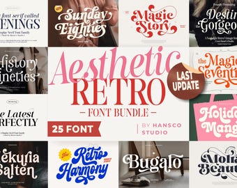 Aesthetic Retro Font Bundle, OTF, TTF, Font Retro Bundles, Fonts Vintage, Procreate, Cricut, 70s, 60s, Nineties Font, Eighties Font
