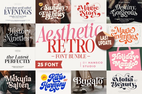 Aesthetic Retro Font Bundle, OTF, TTF, Font Retro Bundles, Fonts Vintage, Procreate, Cricut, 70s, 60s, Nineties Font, Eighties Font