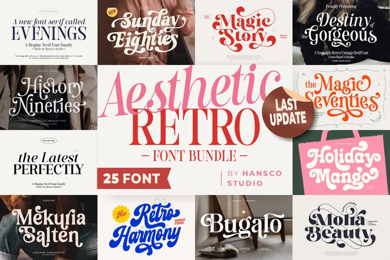 Aesthetic Retro Font Bundle, OTF, TTF, Font Retro Bundles, Fonts Vintage, Procreate, Cricut, 70s, 60s, Nineties Font, Eighties Font, Font Retro