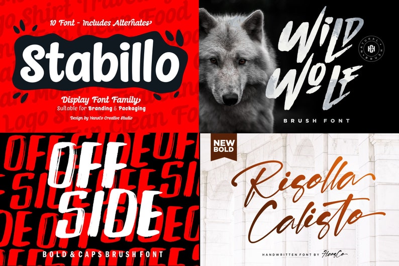 May include: A collage of four font designs. The top left features "Stabillo" in white, the top right shows "Wild Wolf" in a brush font, the bottom left displays "Off Side", and the bottom right presents "Risolla Calisto".