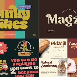 K&ouml;nnte beinhalten: Eine Collage aus Bildern mit verschiedenen Schriftarten und Logos im Retro-Stil. Die Schriftarten sind in verschiedenen Farben und Stilen gehalten, darunter fett, abgerundet und verspielt. Die Logos umfassen ein Caf&eacute;, eine B&auml;ckerei und ein Pizzarestaurant. Der Text in den Bildern umfasst "Funky Vibes", "Magzo", "Old Mill", "Coffee Cafe", "Bakery House", "Sate Padang", "One Scoop Vintage", "You can do anything you want to do because you can", und "Natural Goodness".