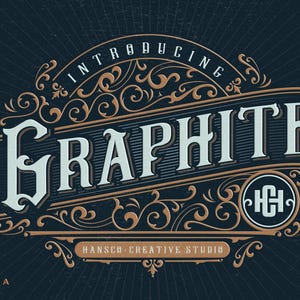 May include: A vintage-style logo design featuring the word "GRAPHITE" in a bold, serif font. The logo is adorned with intricate, ornate flourishes and a monogram "HC" within a circle. The text "TRADE MARK", "ESTD 2020", "HANSCO - CREATIVE STUDIO", "JOGJA INDONESIA", and "HAND CRAFTED" are also present.