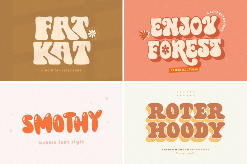 Może przedstawiać: Cztery r&oacute;żne retro czcionki w stylu bąbelkowym lub zaokrąglonym. Czcionki to "Fat Kat", "Enjoy Forest", "Smothy" i "Roter Hoody".