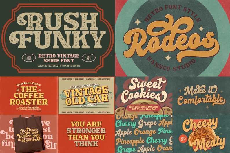 K&ouml;nnte beinhalten: Eine Sammlung von Schriftarten im Retro-Stil mit verschiedenen Slogans und Phrasen. Die Schriften sind in verschiedenen Farben und Stilen gehalten, darunter fette, kursive und Blockbuchstaben. Die Slogans beinhalten "Rush Funky", "Rodeo's", "The Coffee Roaster", "Vintage Old Car", "Sweet Cookies", "Make it Comfortable", "You Are Stronger Than You Think", "Cheesy Meaty" und "Orange Pineapple Cherry Grape Apple Orange Pine Pineapple Cherry Grape Apple Oran".