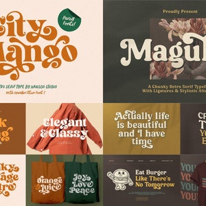 K&ouml;nnte beinhalten: Eine Sammlung von Schriftarten im Retro-Stil mit verschiedenen Designs und S&auml;tzen. Die Schriftarten sind in einem fetten, klobigen Stil mit abgerundeten Kanten gehalten. Die S&auml;tze beinhalten "City Mango", "Magules", "Bebek Goreng", "Elegant & Classy", "Actually life is beautiful and I have time", "Create the things you wish existed", "Funky Vintage Retro", "Orange Juice", "Joy Love Peace", "Eat Burger Like There's No Tomorrow", und "Your Bright Eyes".