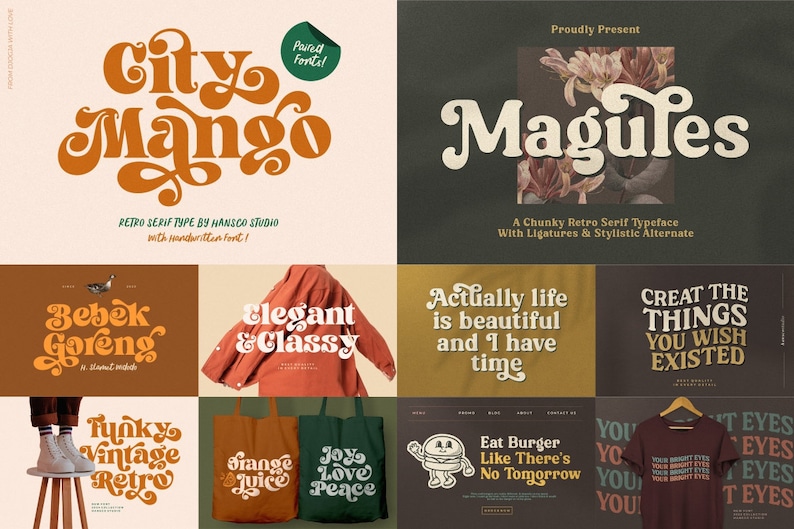K&ouml;nnte beinhalten: Eine Sammlung von Schriftarten im Retro-Stil mit verschiedenen Designs und S&auml;tzen. Die Schriftarten sind in einem fetten, klobigen Stil mit abgerundeten Kanten gehalten. Die S&auml;tze beinhalten "City Mango", "Magules", "Bebek Goreng", "Elegant & Classy", "Actually life is beautiful and I have time", "Create the things you wish existed", "Funky Vintage Retro", "Orange Juice", "Joy Love Peace", "Eat Burger Like There's No Tomorrow", und "Your Bright Eyes".