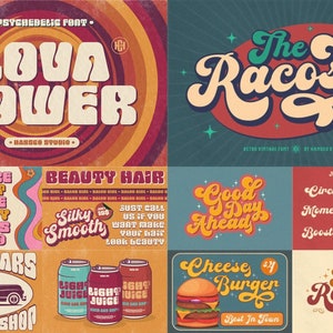 K&ouml;nnte beinhalten: Eine Sammlung von Designs im Retro-Stil mit bunten, psychedelischen Schriftarten. Die Designs beinhalten S&auml;tze wie "Love Power", "The Racooste", "Beauty Hair", "Good Day Ahead", "Retro Cars", "Cheese Burger" und "The Robusta".