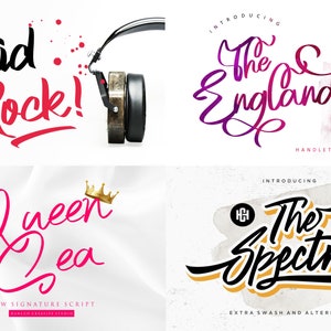 May include: A collection of four graphic designs featuring stylized text. The designs include the phrases "Skid Rock!", "The Englands", "Queen Cea", and "The Spectre". The "Skid Rock!" design includes a pair of headphones.