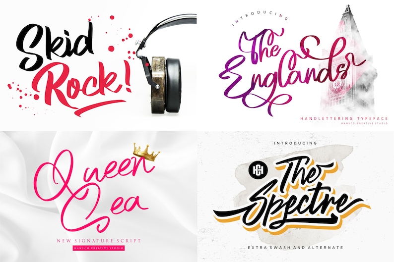 May include: A collection of four graphic designs featuring stylized text. The designs include the phrases "Skid Rock!", "The Englands", "Queen Cea", and "The Spectre". The "Skid Rock!" design includes a pair of headphones.