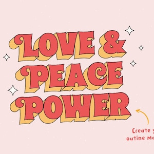 以下が含まれることがあります： 「Love & Peace Power」というテキストが、黒色のアウトラインで囲まれた赤色と黄色の文字で書かれたレトロなグラフィックデザイン。背景は薄いピンク色で、白い斑点がある。