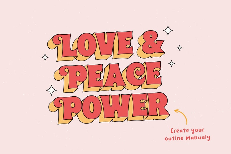以下が含まれることがあります： 「Love & Peace Power」というテキストが、黒色のアウトラインで囲まれた赤色と黄色の文字で書かれたレトロなグラフィックデザイン。背景は薄いピンク色で、白い斑点がある。