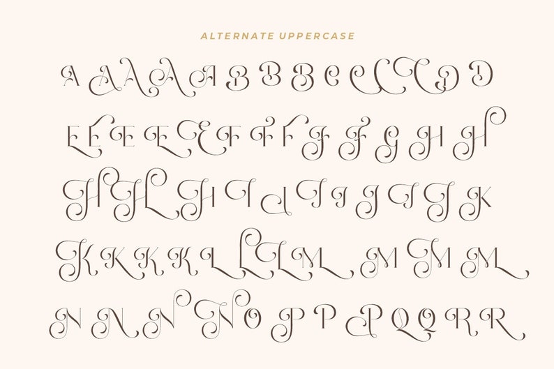 K&ouml;nnte beinhalten: Alternative Gro&szlig;buchstaben des Alphabets in einer dekorativen Schreibschrift. Die Buchstaben sind mit Schn&ouml;rkeln und Wirbeln verziert.