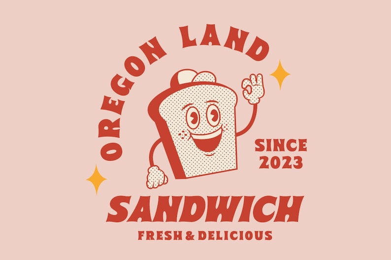 以下が含まれることがあります： 「オレゴンランドサンドイッチ」というサンドイッチショップの赤と白のロゴ。ロゴには「2023年から」と「新鮮でおいしい」というテキストが書かれており、笑顔の顔をした漫画のパンの切れ端と2つの星が描かれている。