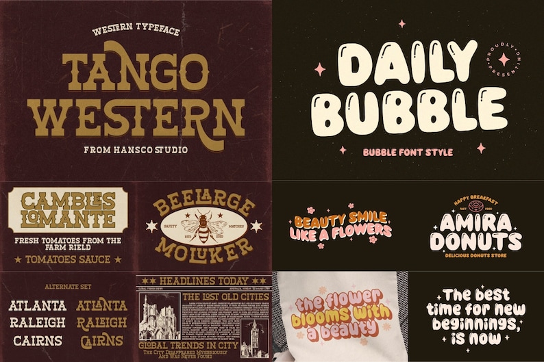 K&ouml;nnte beinhalten: Eine Sammlung von Schriftarten f&uuml;r kommerzielle Nutzung. Die Schriften werden in verschiedenen Stilen angezeigt, darunter Western, Bubble und Retro. Der Text umfasst "Tango Western", "Daily Bubble", "Cambies Iomante", "BeeLarge Mouker", "Beauty Smile Like A Flowers", "Amira Donuts", "Atlanta", "Raleigh", "Cairns", "The Lost Old Cities", "Global Trends In City", "The Flower Blooms With A Beauty", und "The Best Time For New Beginnings, Is Now".
