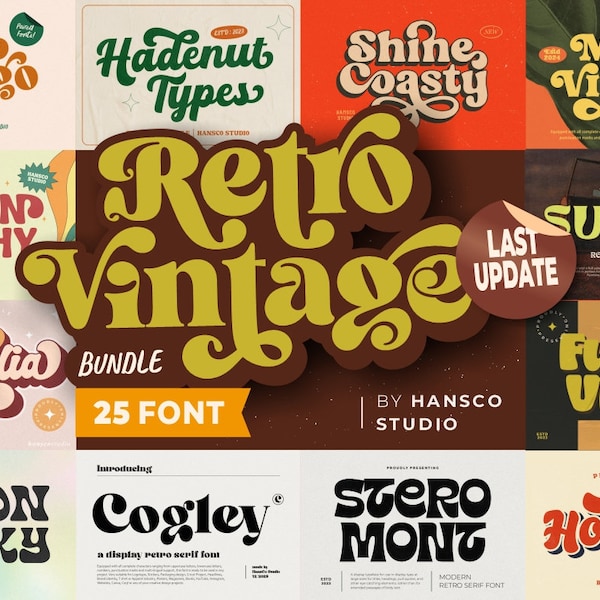 Retro Vintage Font Bundle | OTF, TTF, Svg, Dxf Font Retro Bundles, Fonts Vintage, Procreate, Cricut, Commercial use, 90s, 80s, 70s, 60s Font