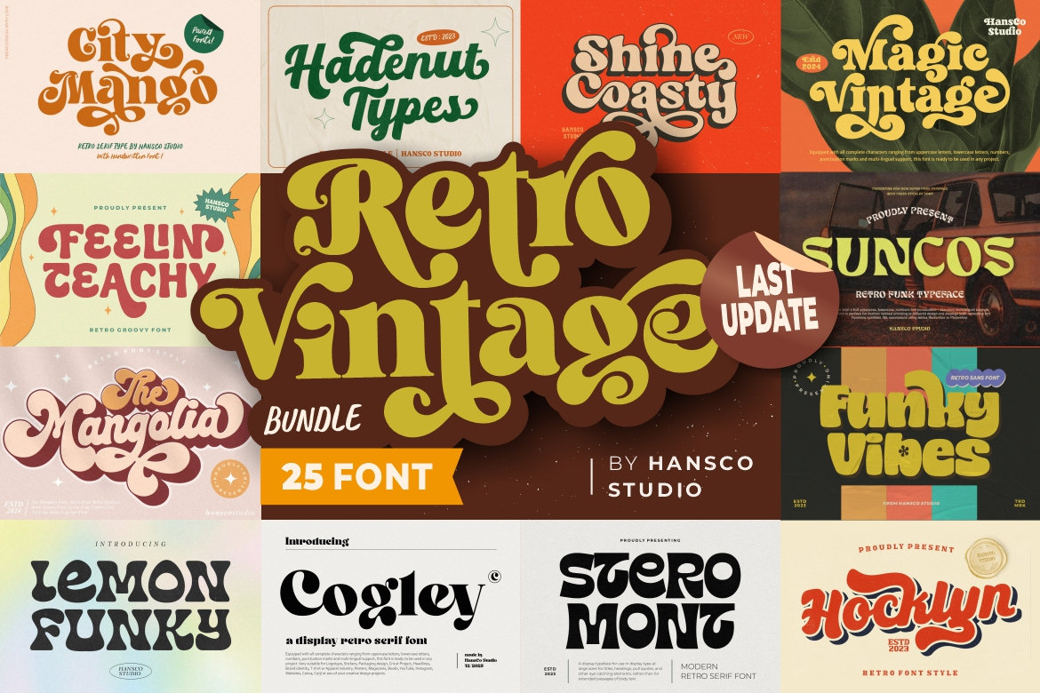 Retro Vintage Font Bundle – 25 Font Families (OTF, TTF, WOFF) for Cricut, Procreate & Commercial Use