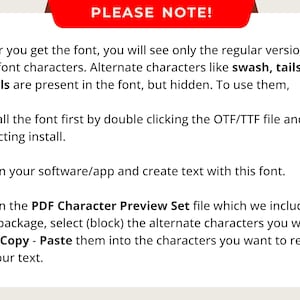 May include: White background with text explaining how to use a font's alternate characters. Instructions include installing the font, opening software, and using a PDF preview set to copy and paste characters. A red banner reads "PLEASE NOTE!"