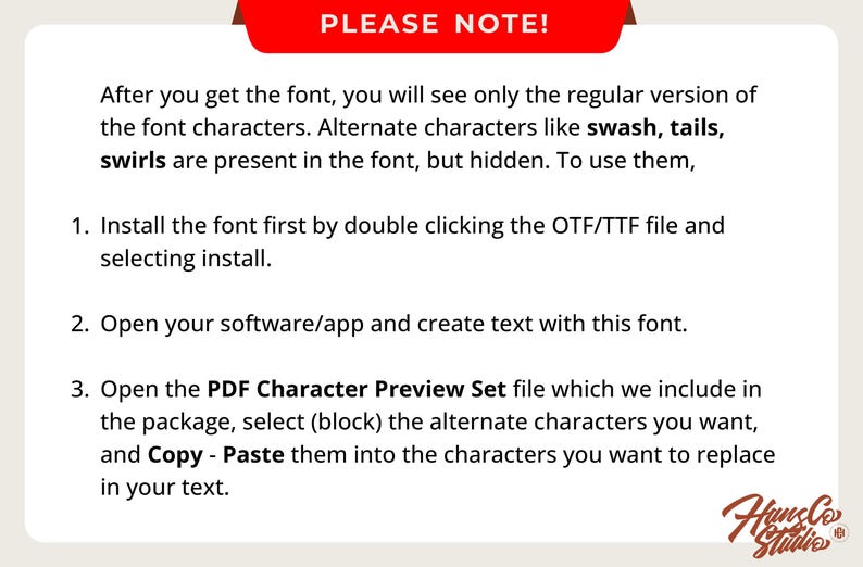 May include: White background with text explaining how to use a font's alternate characters. Instructions include installing the font, opening software, and using a PDF preview set to copy and paste characters. A red banner reads "PLEASE NOTE!"